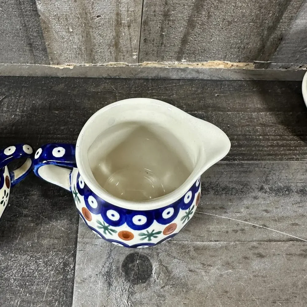 Vintage Boleslawiec Polish Pottery Mosquito Pattern Cream‎ And Sugar